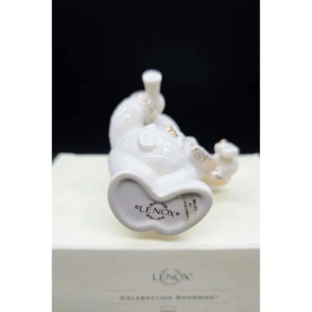 LENOX Celebration Snowman Figurine Ceramic Noisemakers Horn Gold Accents 3.5